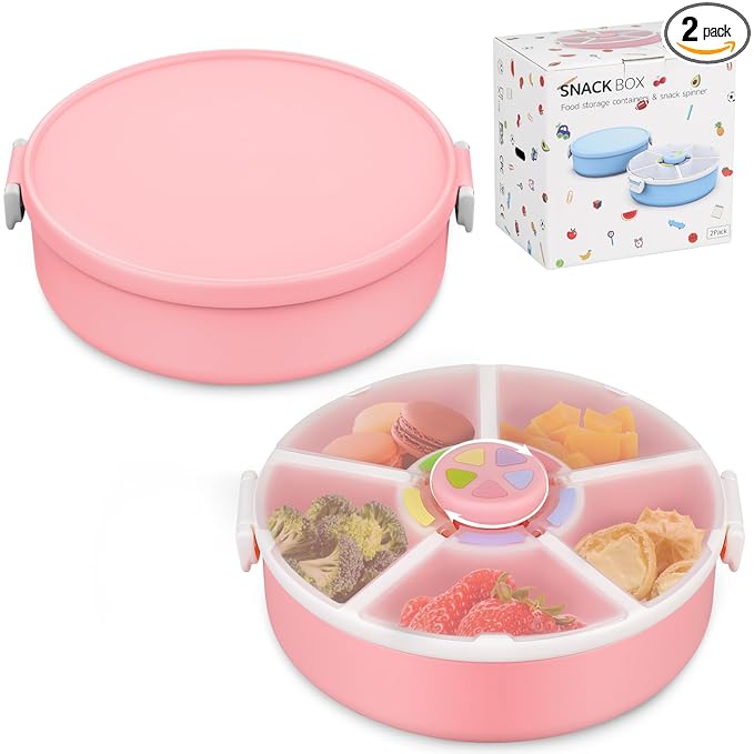 JOOPETALK Kids' Rotating Snack Container Set – 2-Pack, Includes 1 Rotating Snack Container & 1 Round Sectioned Snack Box, BPA-Free, Dishwasher Safe, Perfect for Travel-Pink
