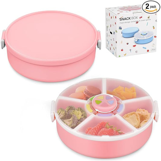 JOOPETALK Kids' Rotating Snack Container Set – 2-Pack, Includes 1 Rotating Snack Container & 1 Round Sectioned Snack Box, BPA-Free, Dishwasher Safe, Perfect for Travel-Pink