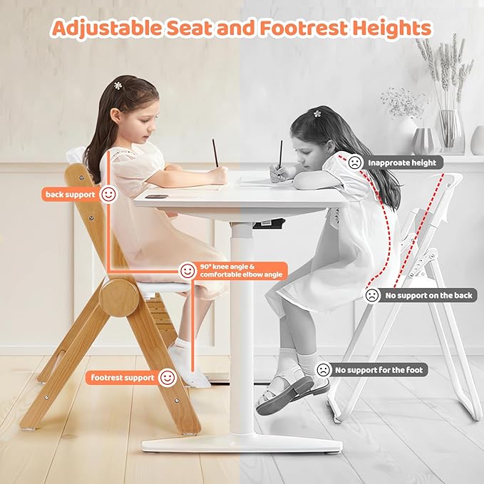 Ezebaby Wooden High Chair for Babies and Toddlers, Foldable High Chair with Adjustable Seat Height and Footrest, Grows with Your Child, Cushion and Large Double Layer Tray(White)