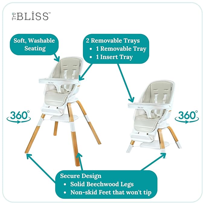 TruBliss Turn-A-Tot High Chair for Babies and Toddlers, 2 in 1 Wooden Portable Baby Feeder or Adjustable Child's Seat with 360 Degree Swivel, Removable Tray, and Pad (Grey Taupe)