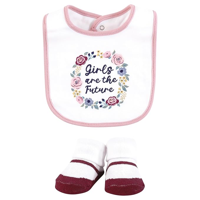 Hudson Baby Infant Girl Cotton Bib and Sock Set, Girls World, One Size