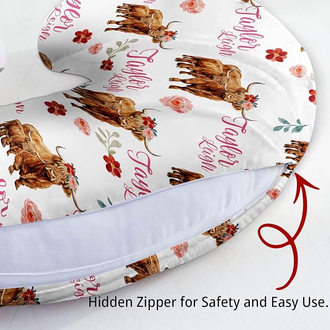 Baby Nursing Pillow Cover - Personalized Name Breastfeeding Pillow Cover with Highlands Cattle Pattern, Stretchy Removable U-Shaped for New Moms, Soft Breathable Slipcover for Infant Boys Girls