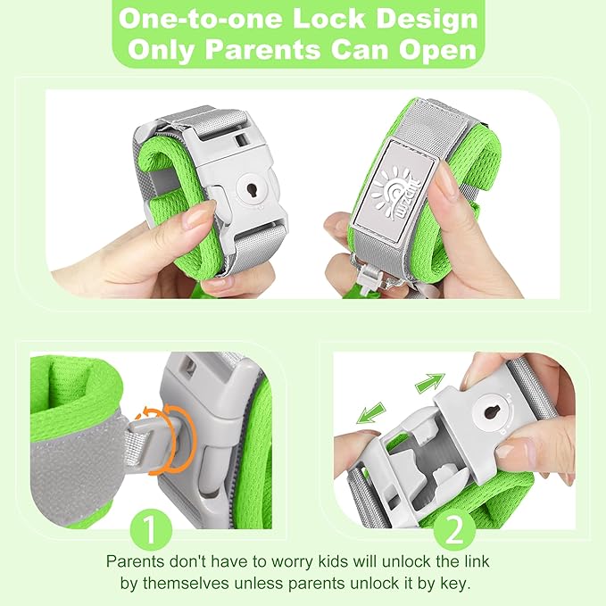 Toddler Harness Walking Leash- Child Anti Lost Wrist Link - Child Safety Harness - Upgrade with Reflective(6.5ft) - for Boys and Girls,Not Easy to Open Without Key (Green)