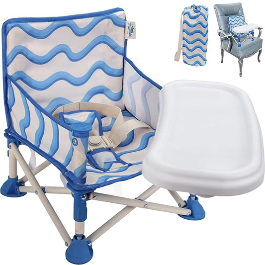 Tiny Marvels 3-in-1 Portable Baby Chair, Foldable Booster Seat with Removable Tray, Safety Harness & Carry Bag for Dining, Travel, Camping, Beach, 6M-3Y (Big Waive)