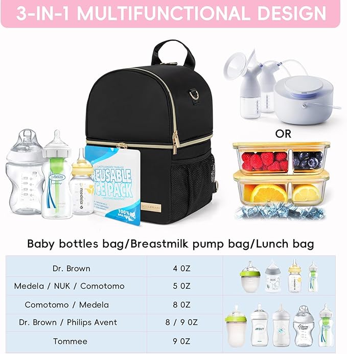 Breast Milk Cooler Travel Bag | Waterproof 2 in 1 Pump & Bottle Sections Insulated Baby Bottle Cooler Bag Backpack with 2 Ice Pack -Fit 6-9oz Bottles -Keeps Milk Fresh -for Working Moms & Daycare