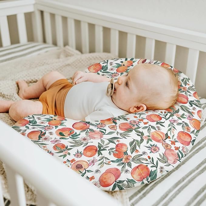 Vintage Peaches Baby Nursing Pillow Covers for Boy Girl Retro Peach Flowers Leaves Nursery Slipcovers for Breastfeeding Pillows Sweet Spring Summer Fruit Soft Stretchy Covers for Newborn Infant