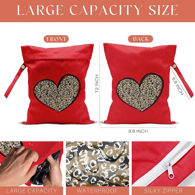4 Pack Leopard Heart Cute Leopard Wet Bag Waterproof Reusable Wet Dry Bag for Swimsuit Clothes Cloth Diaper Travel Pool Yoga Toiletries Travel Cruises Valentine Day Birthday Camping Beach Essentials