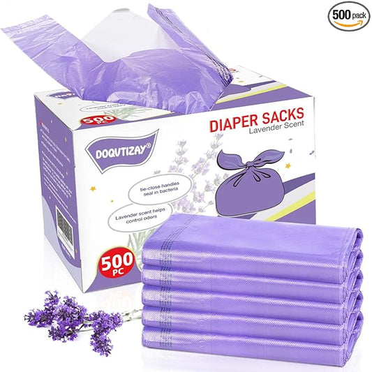 Baby Disposable Diaper Bags Easy-To-Tie Tabs Diaper Sacks with Lavender Scented Diaper Disposal or Pet Waste Bags (500 Count)