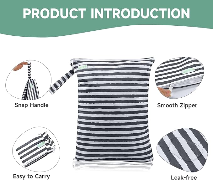 wegreeco Wet Dry Bag for Baby Swimsuit, Small Wet Dry Bag for Clothes Diaper and Breast Pump Parts, Large Baby bag for Travel,Gym Clothes,Beach,Pool,Extra Clothes (Black&Grey Stripes)