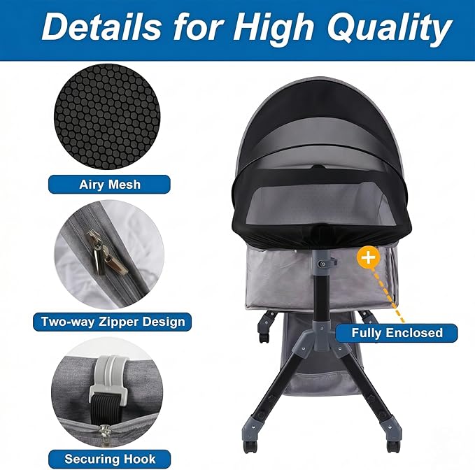 Portable Bassinet Cover for Cats & 2-Way Zipper, Half-Blackout Mosquito Net with Sunshade, Breathable Bassinet Net Cover, Mosquito Net for Baby Crib to Keep Cats Out （Black）