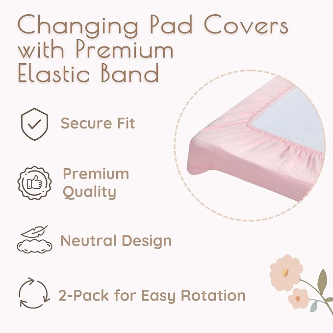 Baby Changing Pad Covers Girl, 2-Pack Changing Table Sheets, Cotton Muslin Changing Pad Covers, 32"x16" x 8" Diaper Changing Pad Cover Girl, Oeko-TEX Certified (Floral Pink Changing Pad Cover)