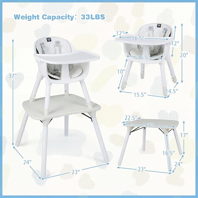 BABY JOY High Chair, 5 in 1 Convertible Highchair for Babies & Toddlers | Booster Seat | Table and Chair Set | Infant Feeding Chair with Removable Tray, Safety Harness, Removable Cushion (White)