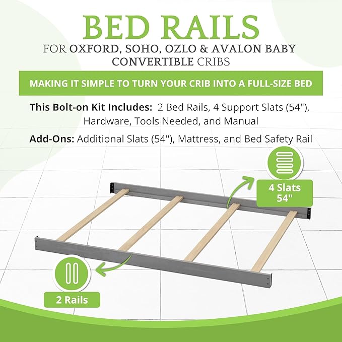 Full-Size Conversion Kit Bed Rails for Oxford, Soho, Ozlo & Avalon Baby Convertible Cribs - Solid Wood - Toddler & Adult Rail for Full-Size Bed - Nursery & Baby Furniture (Rustic Gray, Bolt-On Kit)
