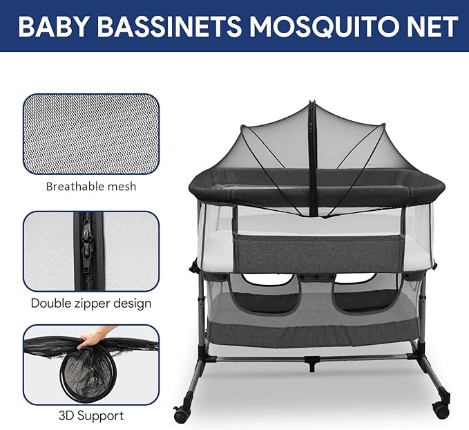 Bassinet Mosquito Net Cover to Keep Cats & Bugs Out, Two-Way Zipper, Breathable Mesh for Bedside Sleeper/Travel Crib, Portable with Storage Bag (Black)