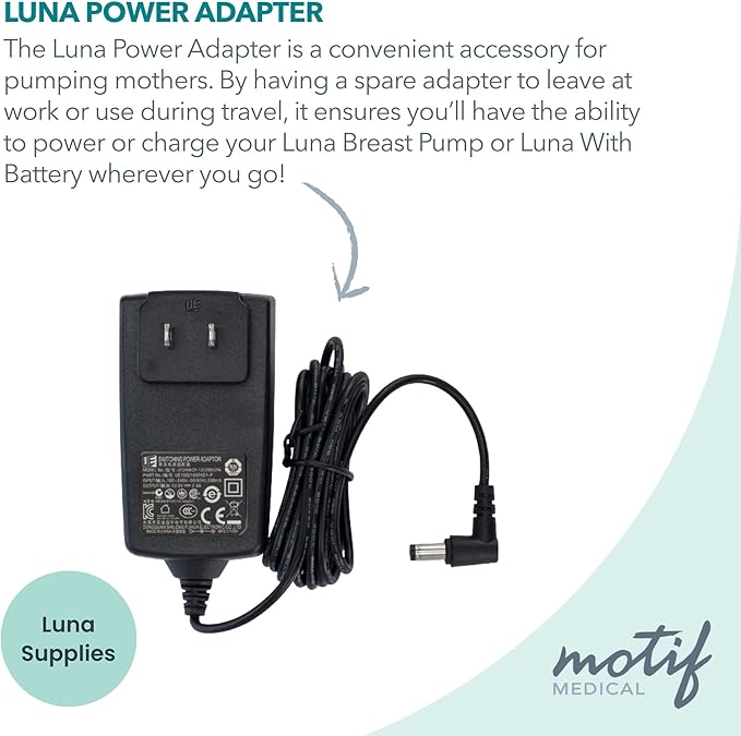 Motif Medical 12 Volt Breastfeeding Essentials Power Adapter - Adapter for Luna Hospital Grade Pump - Charging Pump Adapter w/Barrel Connector - Spare Feeding Pump Charger for Travel