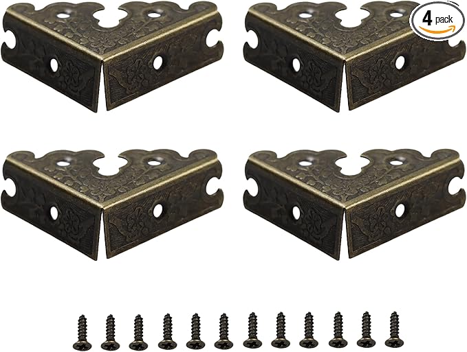 4Pcs 1.37"x1.37" Furniture Corner Protectors, Vintage Corner Guard Metal Edge Guards Decorative for Jewelry Box Cabinet Wooden Case with Screws, Antique Bronze