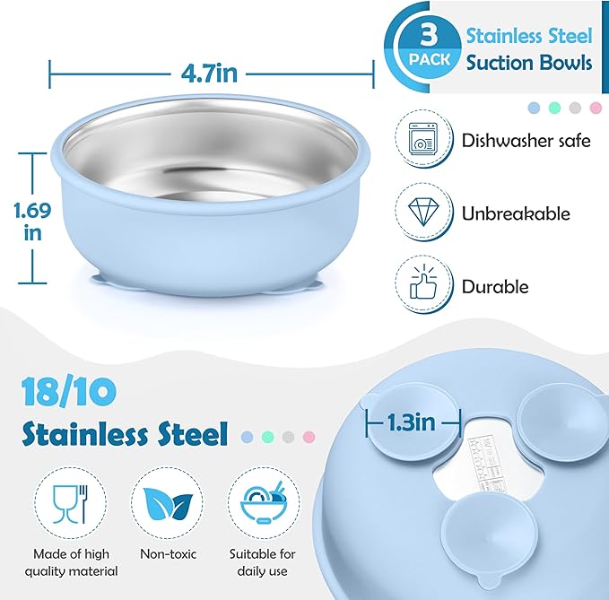 HaWare Baby Bowls with Suction, Stainless Steel Toddler Bowl with Removable Silicone Sleeve, Non-Slip Child Food Bowl with Silicone Suction, Unbreakable Kids Bowls for Feeding, Blue+Green+Pink, 3 Pack