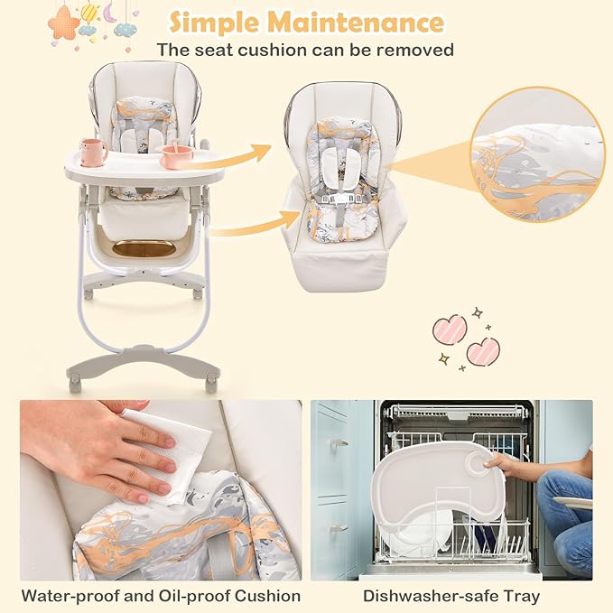 HONEY JOY Baby High Chair, Foldable High Chairs for Babies and Toddlers, Adjustable Heights, Recline Backrest & Footrest, Double-Layer Tray & Cushion, Portable Infant Highchair with Wheels (Gray)