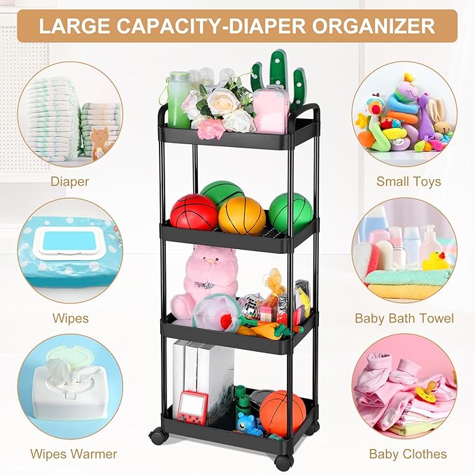 Barydat Baby Diaper Cart 3-Tier Movable Diaper Caddy Organizer Rolling Plastic with Wheels Black Essentials Baby Storage Organizer for Hanging Table Crib Bedroom Bathroom