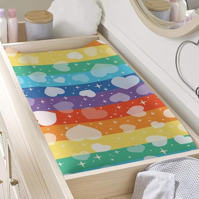 Rainbow Stripe Heart Changing Pad Cover for Baby Girls Boys Comfort Diaper Change Table Pad Covers Soft Changing Pad Sheets