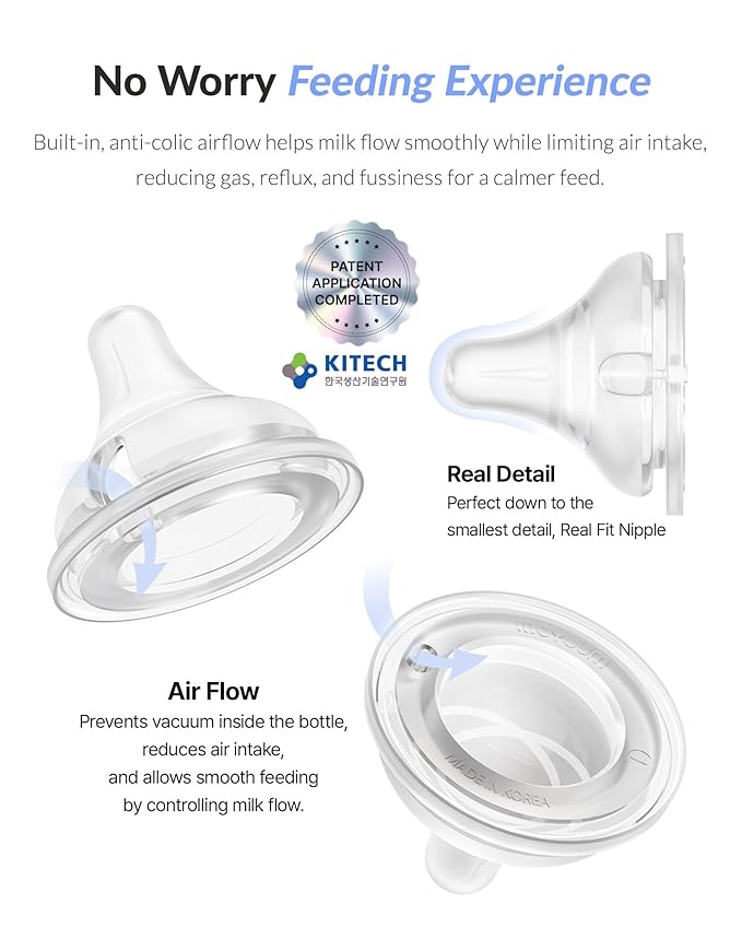 Moyuum Real-Fit Silicone Nipple for 3rd Gen Bottles, Made in Korea - Perfect for Newborn, Anti-Colic Feed, Easy to Latch, from Breast to Bottle | Support Stage 0, Extra Slow Flow, 0m+ (2 Pack)