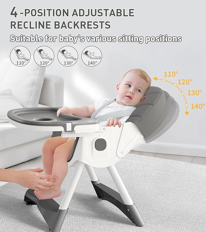 Baby High Chair, 5 in 1 High Chairs for Babies and Toddlers, Travel Foldable High Chair with Detachable PU Cushion, Double Removable Tray, Adjustable Height & Recline, Locking Wheels (Grey)