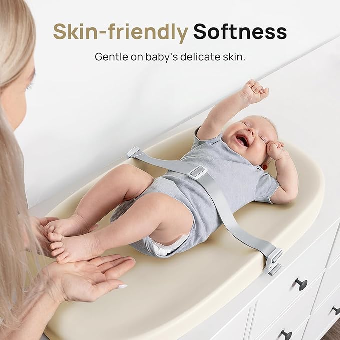 Papablic Baby Changing Pad – Soft & Wipeable Diaper Changing Table Mat for Dresser Bed Sofa, Built-in Safety Belt, Non-Slip, Waterproof, Easy to Clean – Ideal Gift for New Parents (Beige)