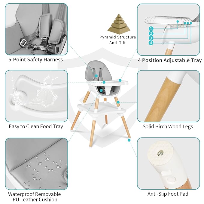 6 in 1 High Chair for Babies & Toddlers, Convertible Wooden Baby Highchair, Table and Chair Set, Baby Feeding Chair, 5-Point Adjustable Harness/4-Position Removable Tray& PU Seat Cushion(Grey)
