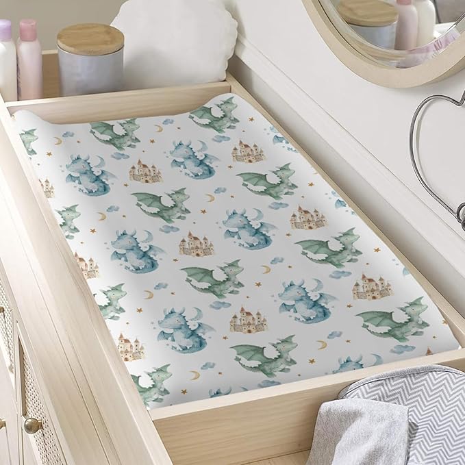 Cute Watercolor Dragon Castle Pattern Baby Changing Pad Cover, Unisex Dragon Moon Star Cloud Nursery Diaper Changing Table Pad Mat Sheet for Boys Girls-16x32