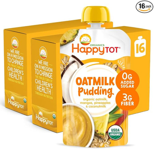 HAPPYTOT Organics Oatmilk Pudding, Dairy-Free, Stage 4 Toddler Snack, Oatmilk, Mangos, Pineapples & Coconutmilk, 4 Ounce Pouch, Pack of 16