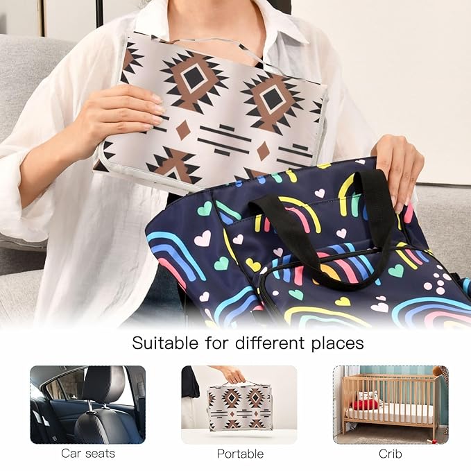 Western Aztec Geometric Baby Changing Pad - Waterproof Diaper Changing Pad with Built-in Pillow - Portable Travel Changing Mat for Newborn Girl & Boy