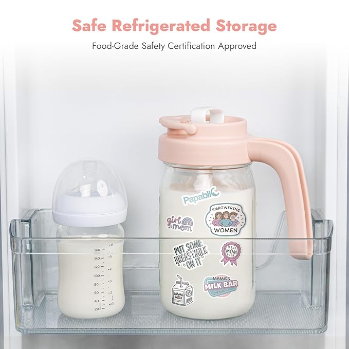 Papablic Glass Formula Pitcher, Fast Baby Breastmilk Maker with Mixing Handle Lid, Wide Mouth Mason Jar Breast Milk Storage Container with Flip-Lock Spout, BPA-Free, Pink