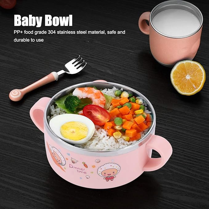 Zerodis 304 Stainless Steel Toddler Bowl with Double Layer Heat Insulation, Cartoon Design, Lid and Handles - Feeding Tableware