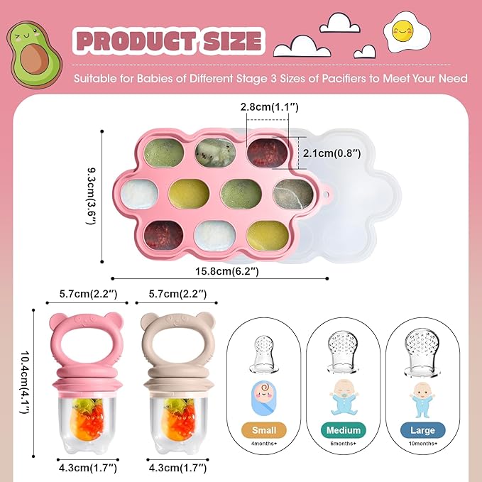 Baby Food Feeder Set, 2 Packs Fruit Feeder & Breastmilk Popsicle Molds Freezer Tray with Lid, Silicone Fruit Feeder to Teething Relief, Introduce New Foods, Baby Feeding Essentials(Red+Beige)
