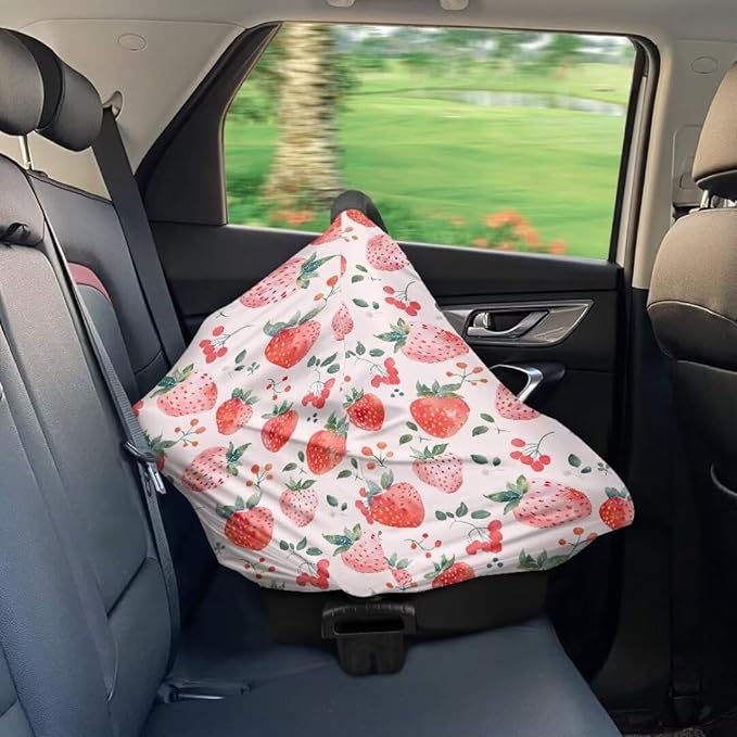 Coldinair Strawberry Baby Car Seat Covers,Soft Stretchy Nursing Cover Breastfeeding Scarff,Infant Stroller Cover for Girls and Boys