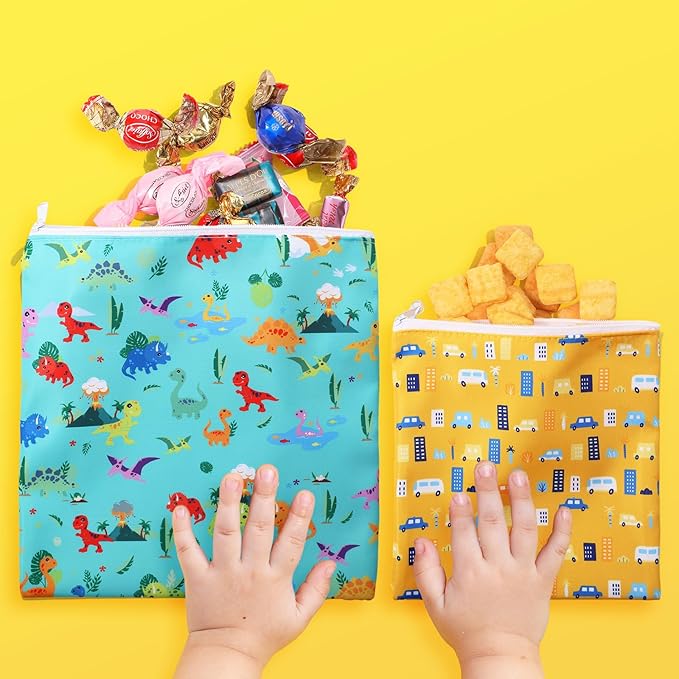 Paterr 4 Pcs Sandwich Bag Reusable Zipper Snack Bags Washable Food Safe Lunch Bags for Kids Students Adults Food (Dinosaur)