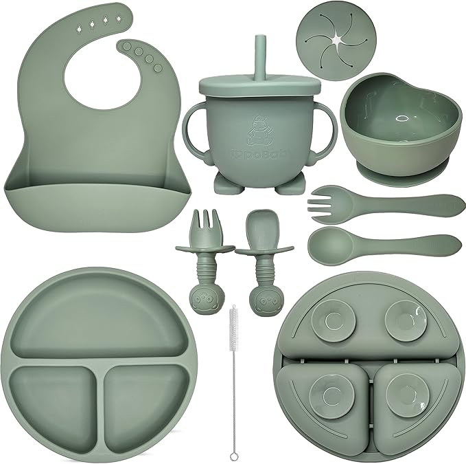 HippoBaby Baby Led Weaning Supplies | 10 Piece Silicone Baby Feeding Set, Baby Toddler Bib Cup Divided Plate and Bowl Self Feeding Spoons Dish Set,Baby Utensils | Toddler Feeding Supplies