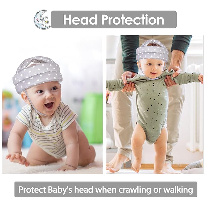 Baby Adjustable Helmet with 3 Pairs Baby Knee Pads for Crawling & 3 Pairs Baby Socks,Lightweight and Soft, Great for Baby Learning to Walk and Crawl. Gray Star+6