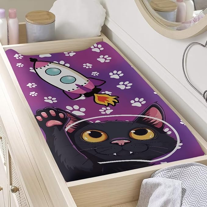 Black Cat Astronaut Changing Pad Covers Waterproof Baby Diaper Change Table Covers, Decorative Covers for Change Contoured Pad Nursing Room Decor