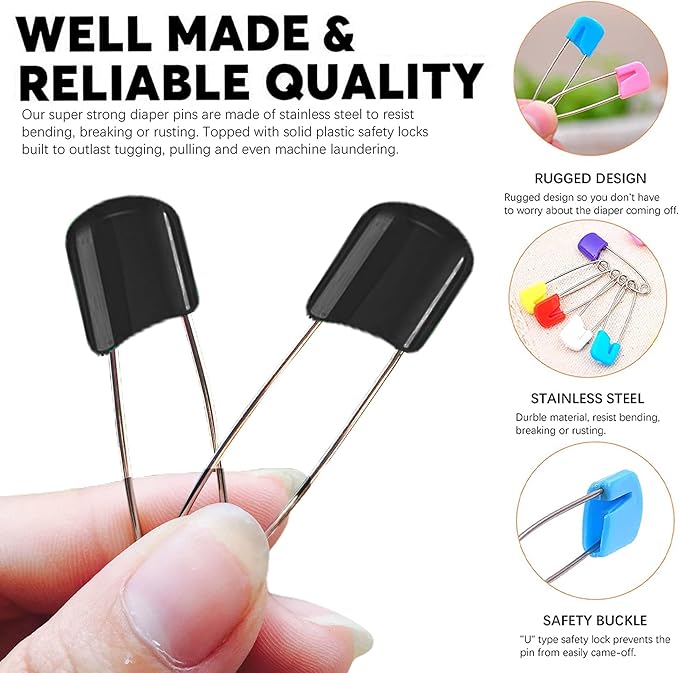 Lxnoap 10 pcs Cloth Diaper Pins Stainless Steel Traditional Safety Pin (Black)