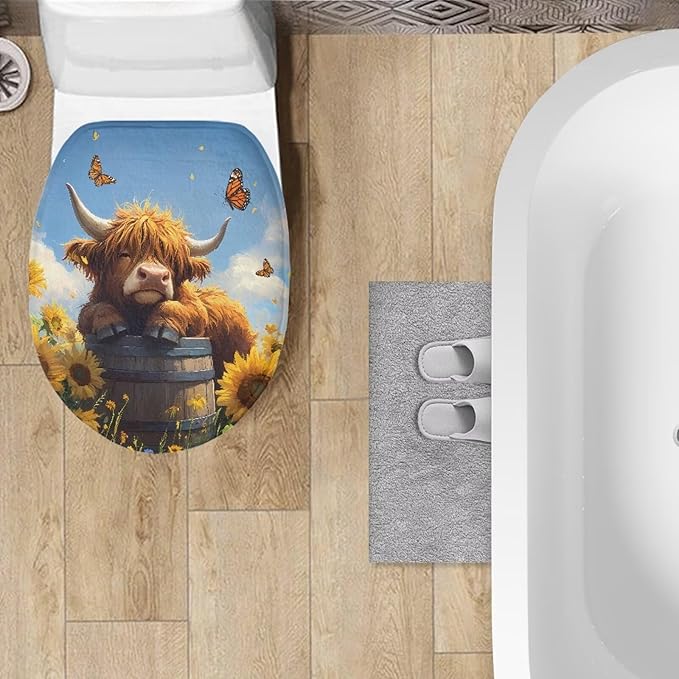 Highland Cow Toilet Seat Covers for Bathroom Toilet Dust Covers Flannel Fabric Soft and Breathable Toilet Lid Cover Elongated Toilet Seat Covers Decoration