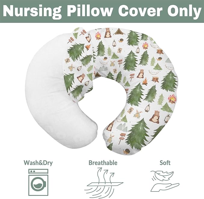 Camping Animals Baby Nursing Pillow Covers for Boy Girl Bear Bunny Hedgehog Green Trees Nursery Pillowcase for Breastfeeding Pillows Wildlife Adventure Soft Stretchy Slipcovers for Newborn Infant
