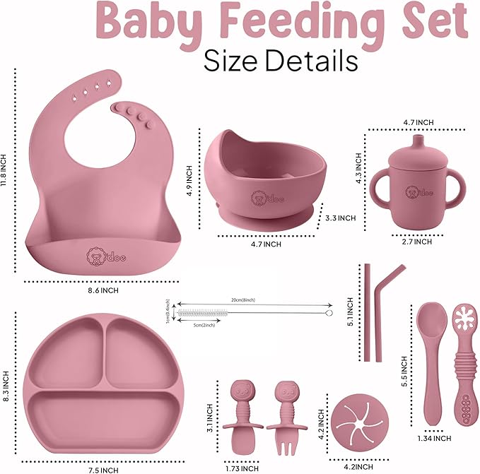 O'doe 11-Piece BPA-Free Silicone Baby Feeding Set | Thick & Soft Suction Plates, Baby Bowls, Wooden Fork & Spoon, and More | Make Mealtime Fun and Easy for Your Little One (Rose, V1)