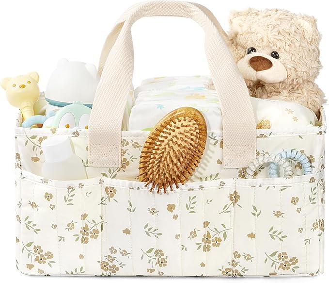 BuyCard Floral Baby Diaper Caddy Organizer, Large Quilted Nursery Storage Basket with Handle, Gift for Baby Shower, Newborn Parents Gift