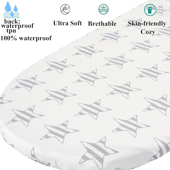 Waterproof Bassinet Sheets, No Need for Bassinet Mattress Pad Cover, 2 Pack Stretch Jersey Knit Super Soft fit for Cradle Oval Rectangle Hourglass Mattress Grey Love & Stars