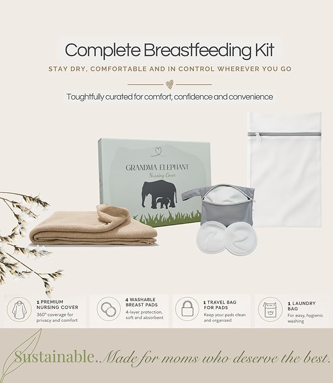 Set Premium Breast Feeding Covers for Women of All Body Types: Ultra Soft Stylish and Breathable Nursing Cover up for Breastfeeding + 4 Reusable Breast Pads for Nursing Comfort (Honey Camel)