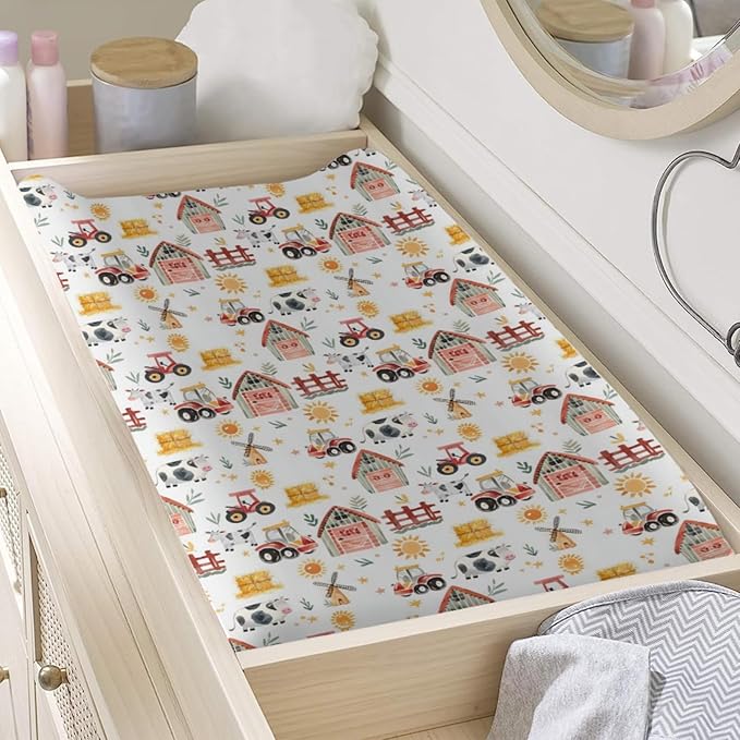 Watercolor Farm Life Cows Tractor Baby Changing Pad Cover, Unisex Farm Animals Nursery Diaper Changing Table Pad Mat Sheet for Boys Girls-16x32