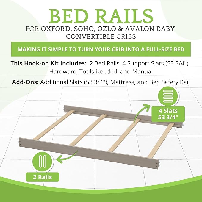 Full-Size Conversion Kit Bed Rails for Oxford, Soho, Ozlo & Avalon Baby Convertible Cribs - Solid Wood - Toddler and Adult Rail for Full-Size Bed - Nursery and Baby Furniture (Stone Wash, Hook-On Kit)