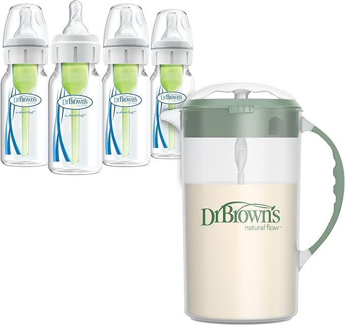 Dr. Brown's Baby Formula Mixing Pitcher 32oz, Olive with Anti-Colic Options+ Narrow Baby Bottles, 4 Pack, 4 oz