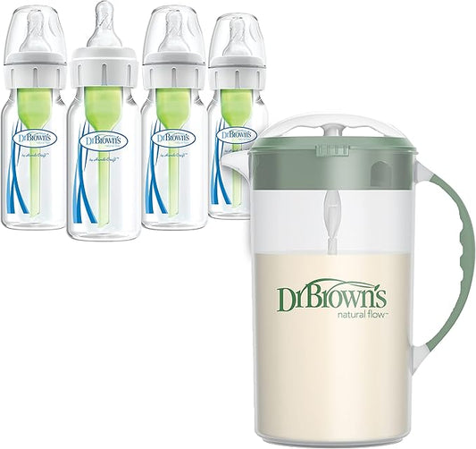 Dr. Brown's Baby Formula Mixing Pitcher 32oz, Olive with Anti-Colic Options+ Narrow Baby Bottles, 4 Pack, 4 oz